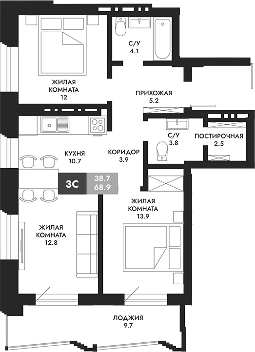 Планировка 3е-к.кв 73.75 м² в ЖК «Паскаль»