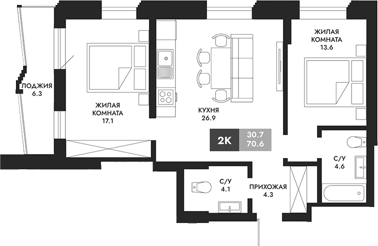 Планировка 2-к.кв 70.60 м² в ЖК «Паскаль»