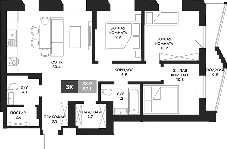 Планировка 3-к.кв 90.50 м² в ЖК «Паскаль»