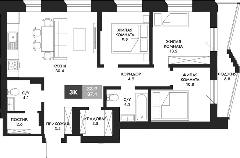 Планировка 3-к.кв 90.80 м² в ЖК «Паскаль»