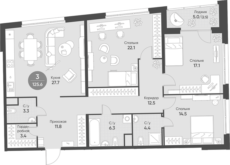Планировка 4е-к.кв 123.10 м² в ЖК «Счастье в Кольцово»