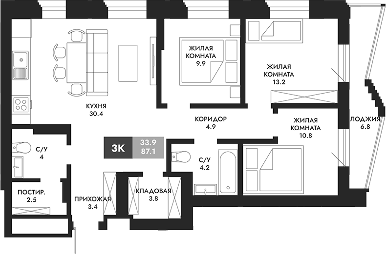 Планировка 3-к.кв 90.50 м² в ЖК «Паскаль»