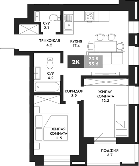 Планировка 2-к.кв 57.45 м² в ЖК «Паскаль»
