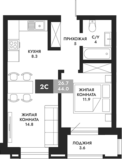 Планировка 2е-к.кв 45.80 м² в ЖК «Паскаль»