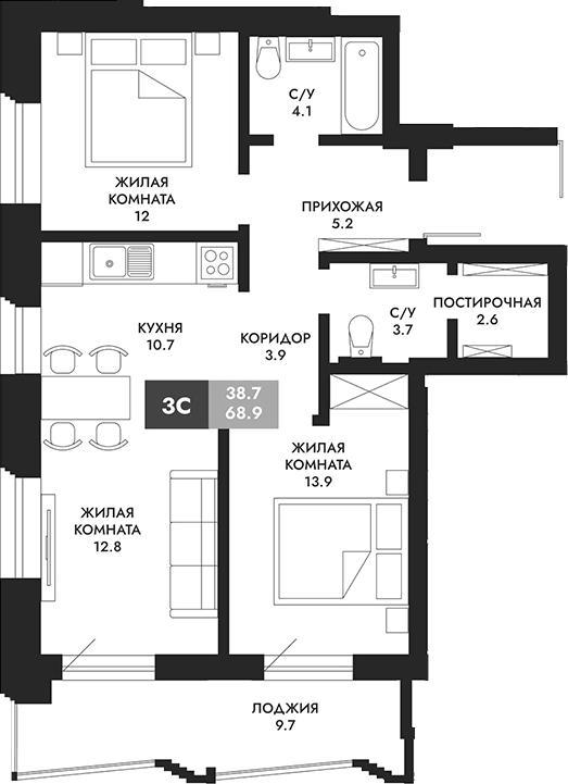 Планировка 3е-к.кв 73.75 м² в ЖК «Паскаль»
