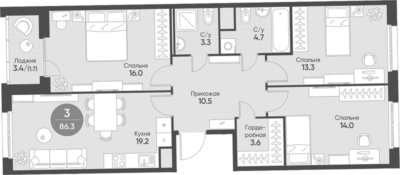Планировка 4е-к.кв 84.60 м² в ЖК «Счастье в Кольцово»
