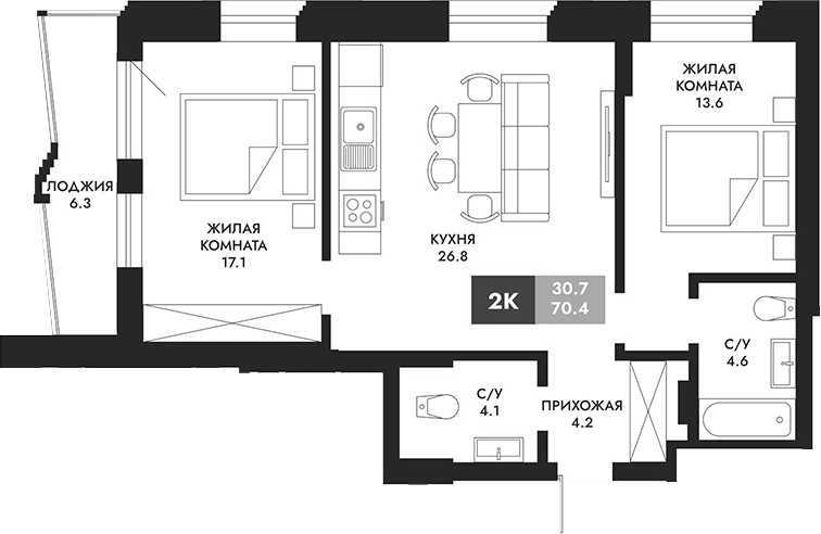 Планировка 2-к.кв 73.55 м² в ЖК «Паскаль»