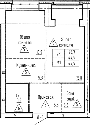 Планировка 2е-к. квартира 44.90 м² в ЖК «Фламинго»