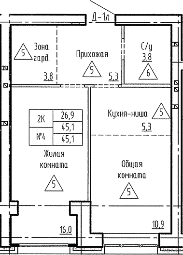 Планировка 2е-к. квартира 45.10 м² в ЖК «Фламинго»