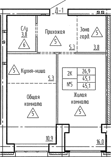 Планировка 2е-к. квартира 45.10 м² в ЖК «Фламинго»
