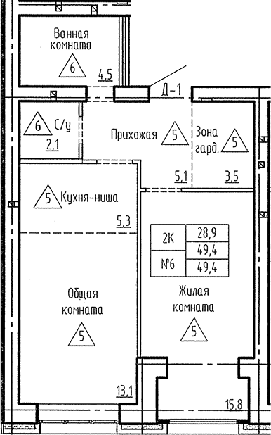 Планировка 2е-к. квартира 49.40 м² в ЖК «Фламинго»