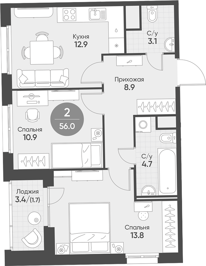 Планировка 2-к.кв 54.30 м² в ЖК «Счастье в Кольцово»