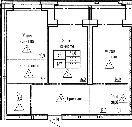 Планировка 3е-к. квартира 66.80 м² в ЖК «Фламинго»