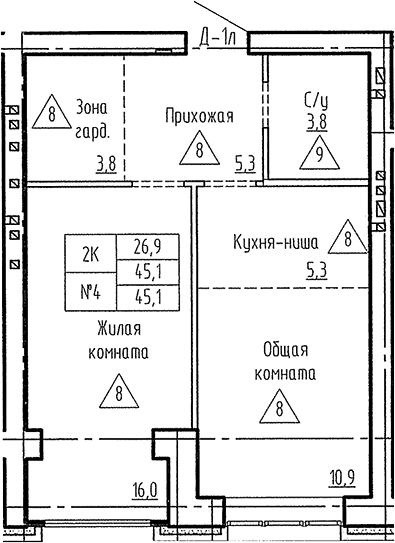 Планировка 2е-к. квартира 45.10 м² в ЖК «Фламинго»