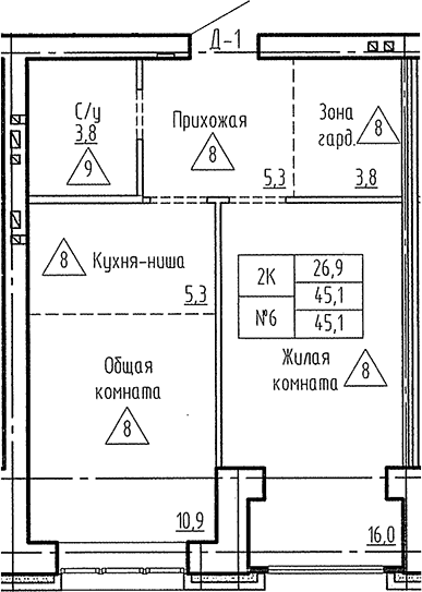 Планировка 2е-к. квартира 45.10 м² в ЖК «Фламинго»