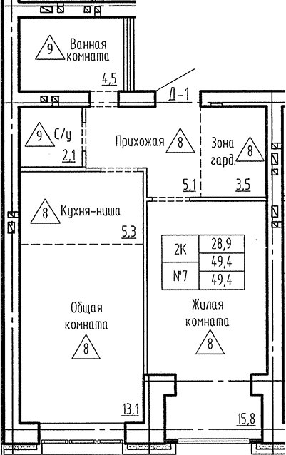 Планировка 2е-к. квартира 49.40 м² в ЖК «Фламинго»