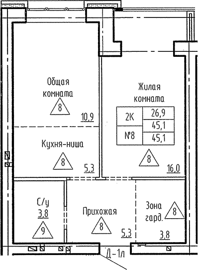Планировка 2е-к. квартира 45.10 м² в ЖК «Фламинго»