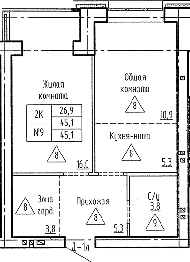 Планировка 2е-к. квартира 45.10 м² в ЖК «Фламинго»