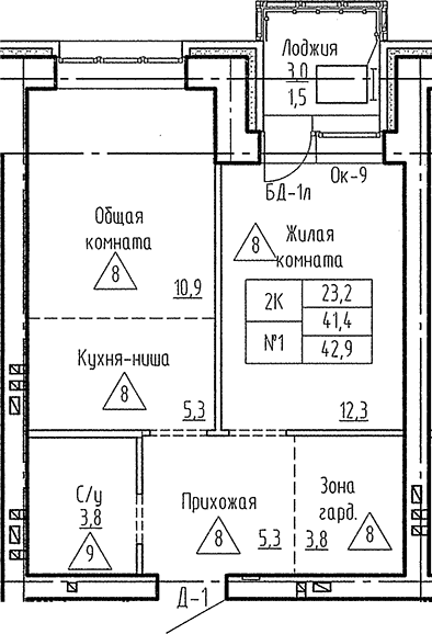Планировка 2е-к. квартира 41.40 м² в ЖК «Фламинго»