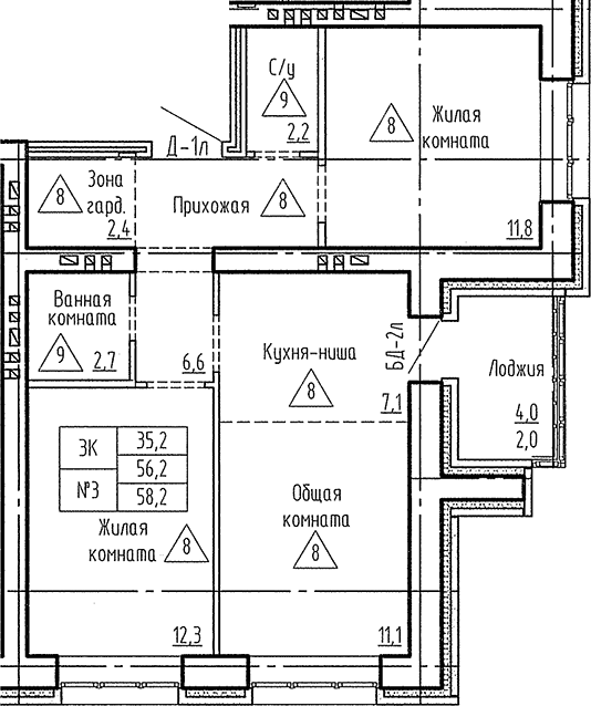 Планировка 3е-к.кв 56.20 м² в ЖК «Фламинго»