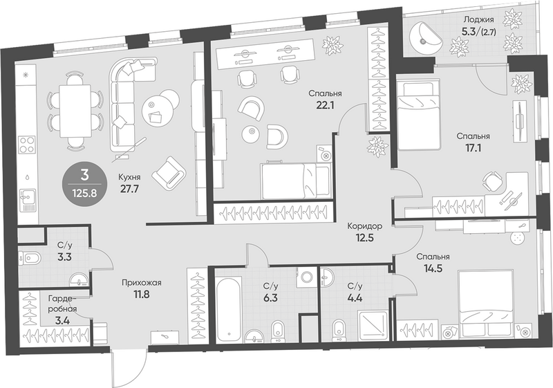 Планировка 4е-к.кв 123.10 м² в ЖК «Счастье в Кольцово»