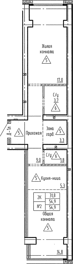 Планировка 2е-к. квартира 54.90 м² в ЖК «Фламинго»