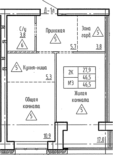 Планировка 2е-к. квартира 46.50 м² в ЖК «Фламинго»
