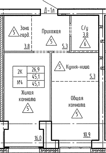 Планировка 2е-к. квартира 45.10 м² в ЖК «Фламинго»