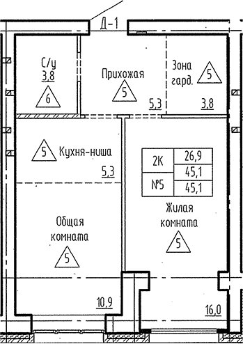 Планировка 2е-к. квартира 45.10 м² в ЖК «Фламинго»