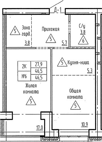Планировка 2е-к. квартира 46.50 м² в ЖК «Фламинго»