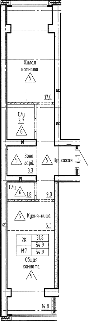 Планировка 2е-к. квартира 54.90 м² в ЖК «Фламинго»