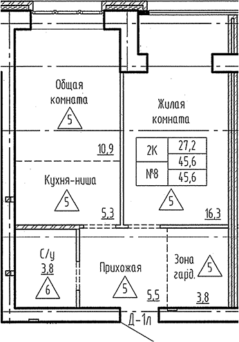Планировка 2е-к. квартира 45.60 м² в ЖК «Фламинго»