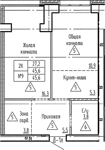 Планировка 2е-к. квартира 45.60 м² в ЖК «Фламинго»