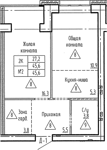 Планировка 2е-к. квартира 45.60 м² в ЖК «Фламинго»