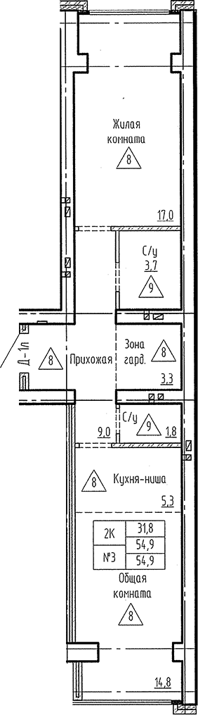 Планировка 2е-к. квартира 54.90 м² в ЖК «Фламинго»