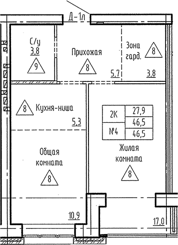 Планировка 2е-к. квартира 46.50 м² в ЖК «Фламинго»