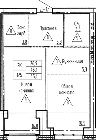 Планировка 2е-к. квартира 45.10 м² в ЖК «Фламинго»