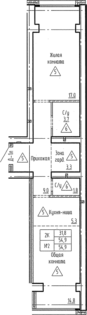 Планировка 2е-к. квартира 54.90 м² в ЖК «Фламинго»