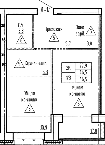 Планировка 2е-к. квартира 46.50 м² в ЖК «Фламинго»