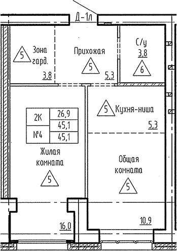 Планировка 2е-к. квартира 45.10 м² в ЖК «Фламинго»