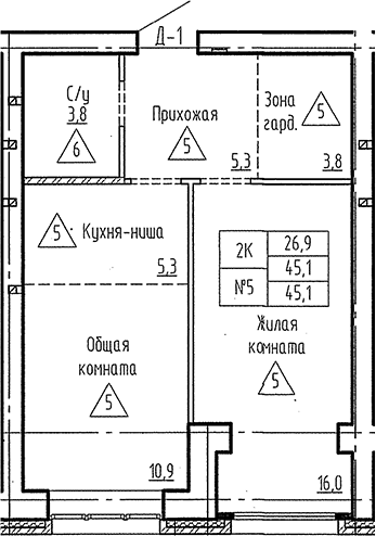 Планировка 2е-к. квартира 45.10 м² в ЖК «Фламинго»