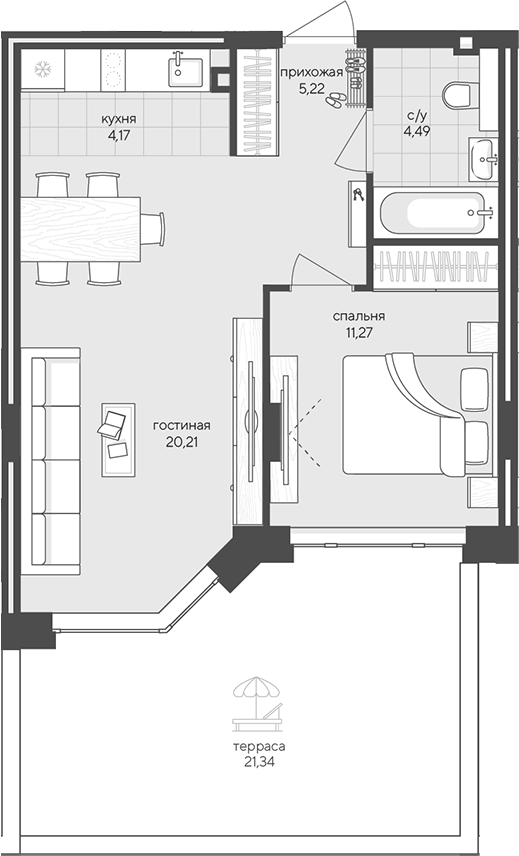 Планировка 2е-к.кв 45.36 м² в ЖК «Новый Кедровый»