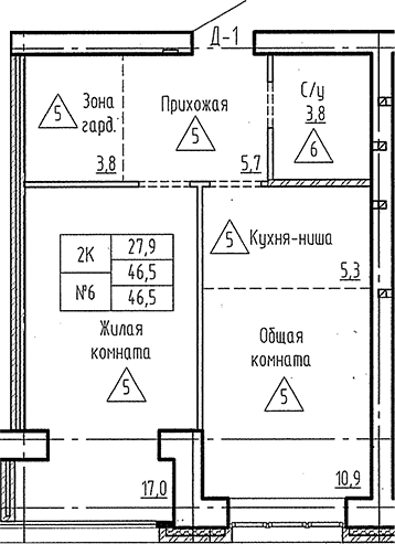 Планировка 2е-к.кв 46.50 м² в ЖК «Фламинго»
