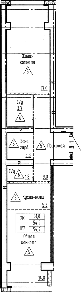 Планировка 2е-к. квартира 54.90 м² в ЖК «Фламинго»