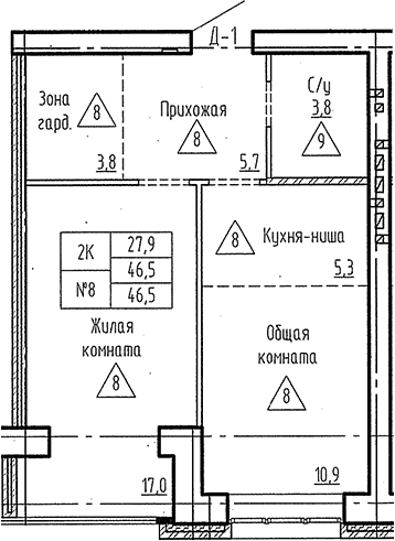 Планировка 2е-к. квартира 46.50 м² в ЖК «Фламинго»