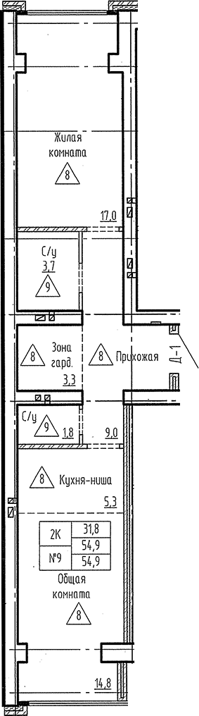 Планировка 2е-к. квартира 54.90 м² в ЖК «Фламинго»