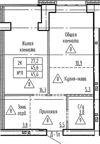Планировка 2е-к. квартира 45.60 м² в ЖК «Фламинго»