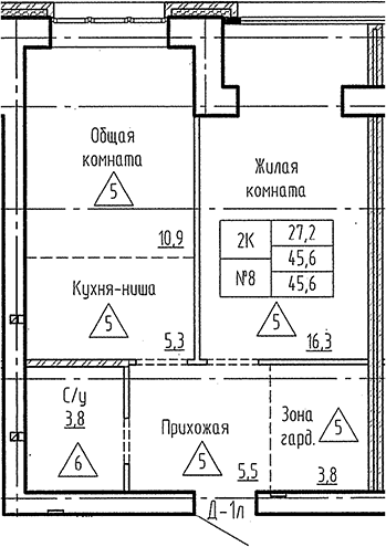 Планировка 2е-к. квартира 45.60 м² в ЖК «Фламинго»