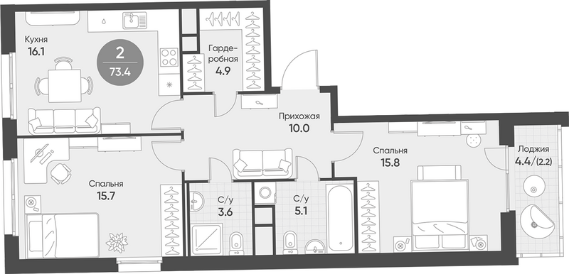 Планировка 3е-к.кв 71.20 м² в ЖК «Счастье в Кольцово»