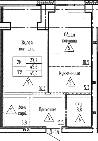 Планировка 2е-к. квартира 45.60 м² в ЖК «Фламинго»